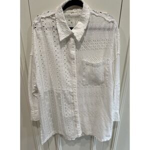 Oli & Hali White Oversized Eyelet Button Up Tunic Shirt Cover Up Boho